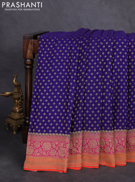 Banarasi crepe saree blue and orange with allover thread & zari woven buttas and woven border