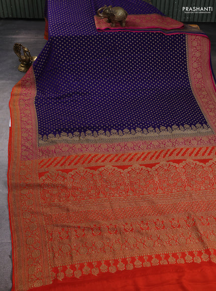 Banarasi crepe saree blue and orange with allover thread & zari woven buttas and woven border