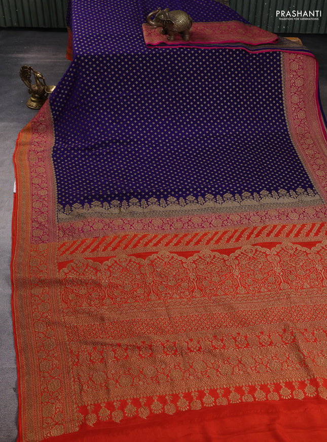 Banarasi crepe saree blue and orange with allover thread & zari woven buttas and woven border