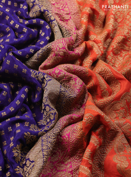 Banarasi crepe saree blue and orange with allover thread & zari woven buttas and woven border