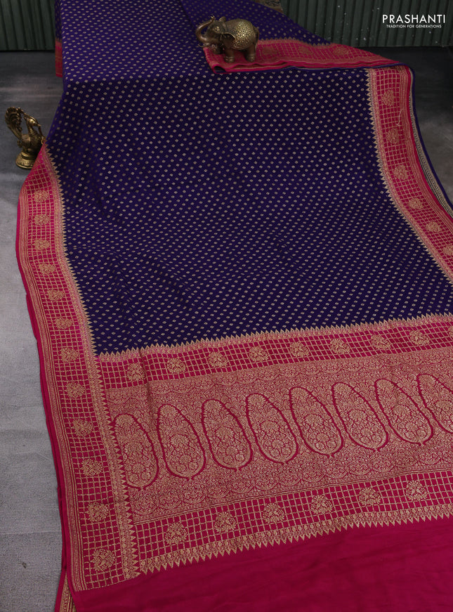 Banarasi crepe saree dark blue and pink with allover thread & zari woven buttas and woven border