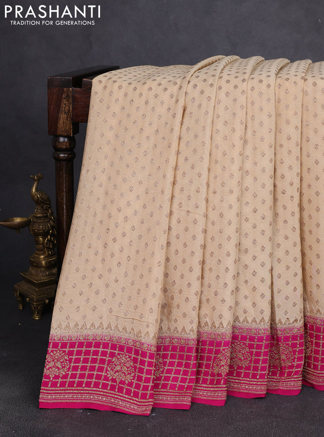 Banarasi crepe saree beige and pink with allover thread & zari woven buttas and woven border