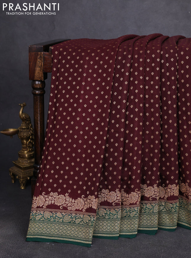 Banarasi crepe saree coffee brown and green with allover thread & zari woven buttas and woven border