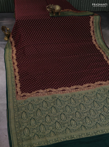 Banarasi crepe saree coffee brown and green with allover thread & zari woven buttas and woven border