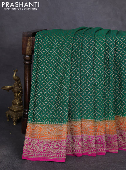 Banarasi crepe saree green and pink with allover thread & zari weaves and buttas and woven border