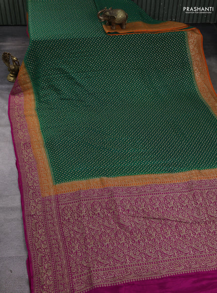 Banarasi crepe saree green and pink with allover thread & zari weaves and buttas and woven border