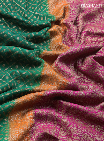 Banarasi crepe saree green and pink with allover thread & zari weaves and buttas and woven border