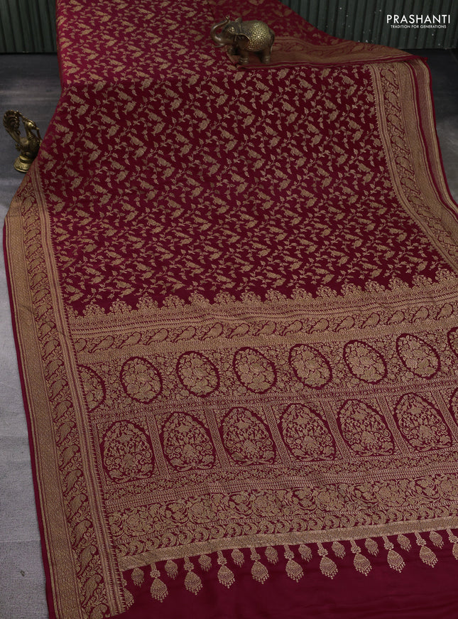 Banarasi crepe saree maroon with allover thread & zari weaves and woven border