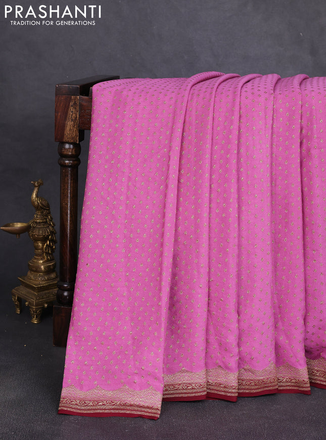 Banarasi crepe saree pink and maroon with allover thread & zari woven buttas and woven border