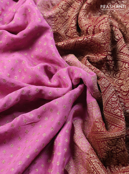 Banarasi crepe saree pink and maroon with allover thread & zari woven buttas and woven border