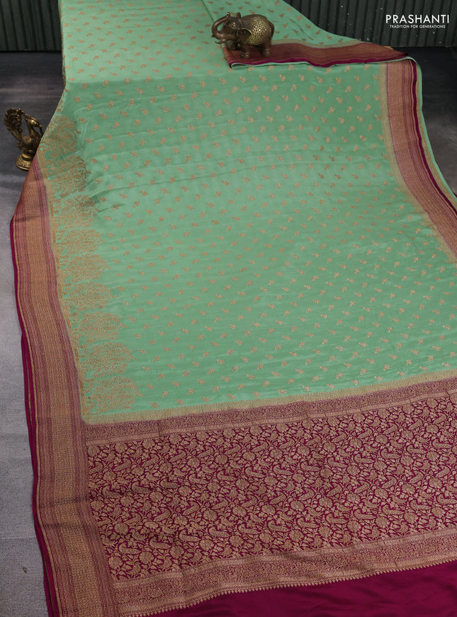 Banarasi crepe saree pastel green and pink with allover thread & zari woven buttas and woven border