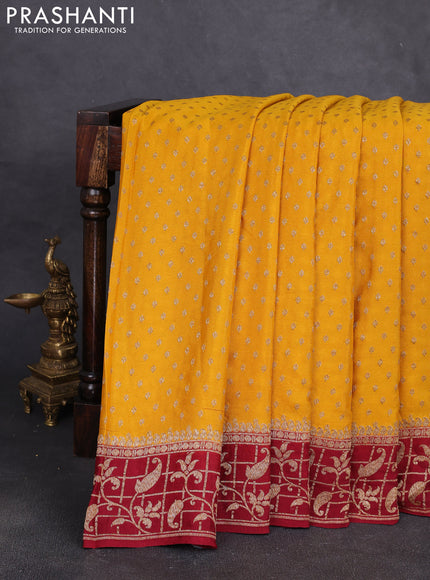 Banarasi crepe saree mustard yellow and maroon with allover thread & zari woven buttas and woven border