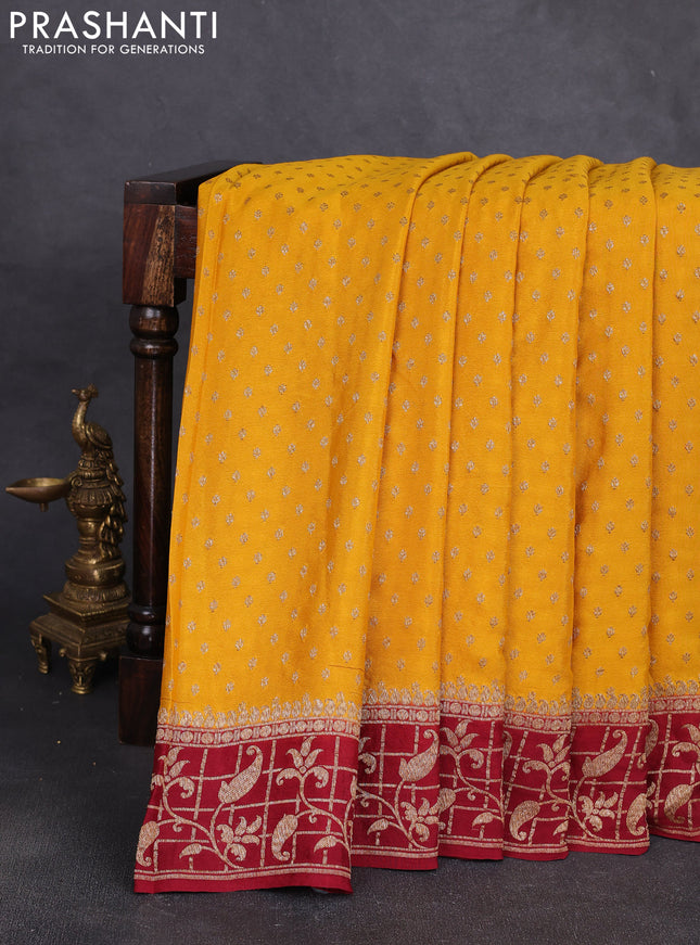 Banarasi crepe saree mustard yellow and maroon with allover thread & zari woven buttas and woven border