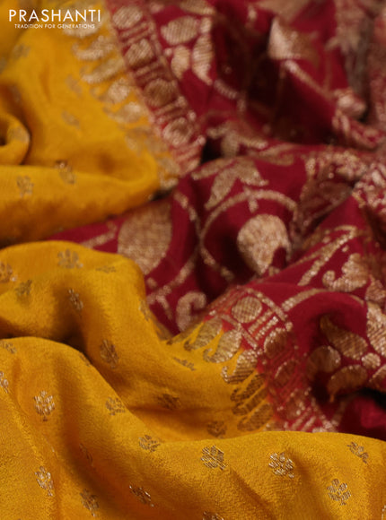 Banarasi crepe saree mustard yellow and maroon with allover thread & zari woven buttas and woven border