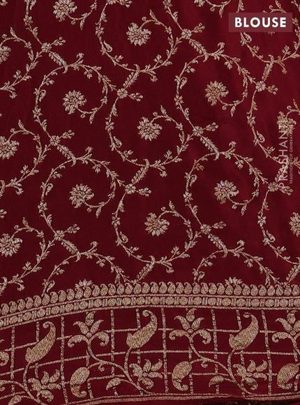 Banarasi crepe saree mustard yellow and maroon with allover thread & zari woven buttas and woven border