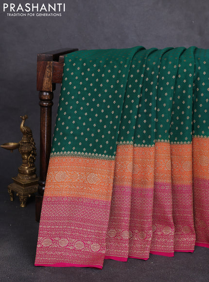 Banarasi crepe saree green and orange & pink with allover thread & zari woven buttas and long woven border