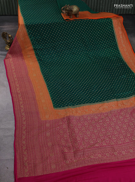 Banarasi crepe saree green and orange & pink with allover thread & zari woven buttas and long woven border