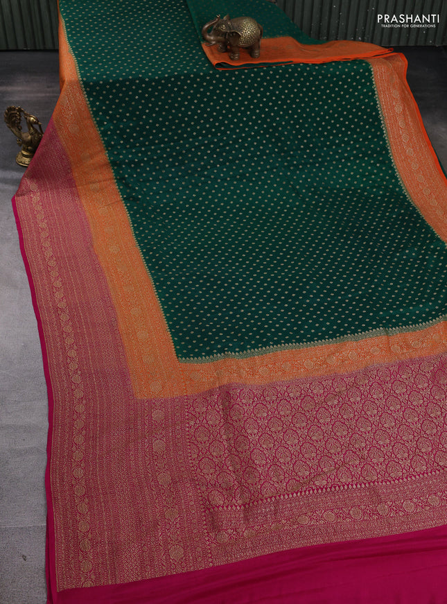 Banarasi crepe saree green and orange & pink with allover thread & zari woven buttas and long woven border