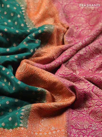 Banarasi crepe saree green and orange & pink with allover thread & zari woven buttas and long woven border