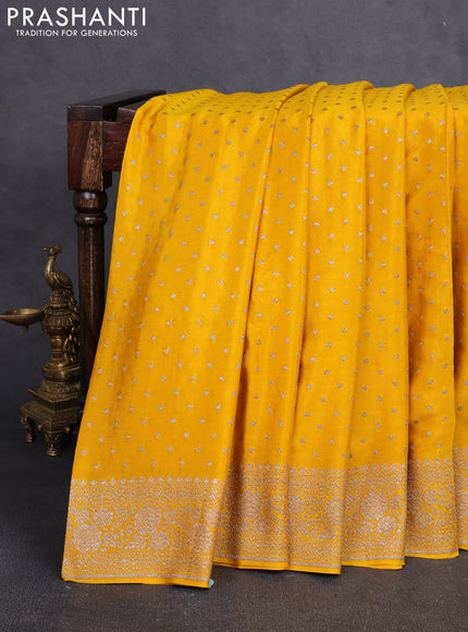 Banarasi crepe saree mustard yellow with allover thread & zari woven buttas and woven border