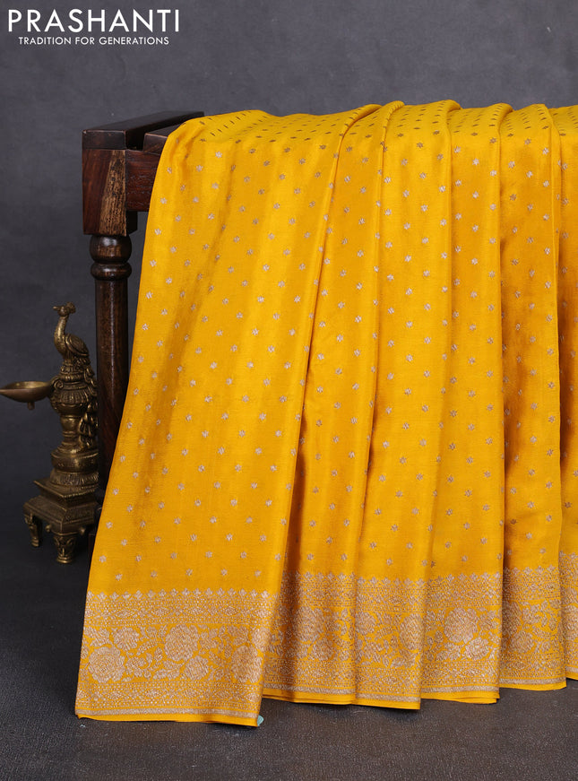 Banarasi crepe saree mustard yellow with allover thread & zari woven buttas and woven border