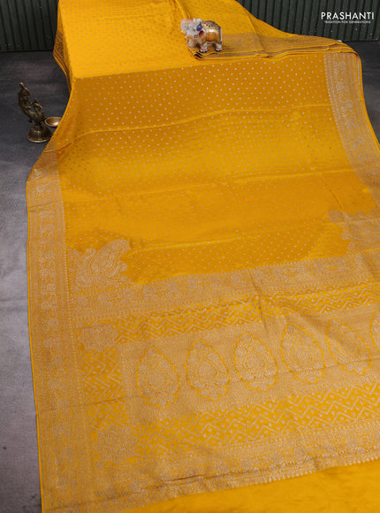 Banarasi crepe saree mustard yellow with allover thread & zari woven buttas and woven border