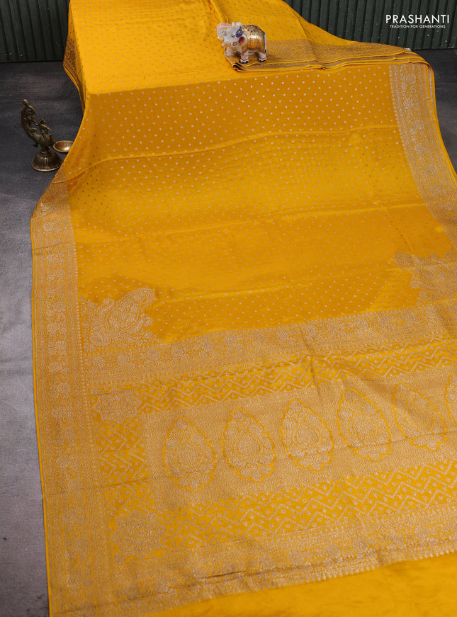 Banarasi crepe saree mustard yellow with allover thread & zari woven buttas and woven border