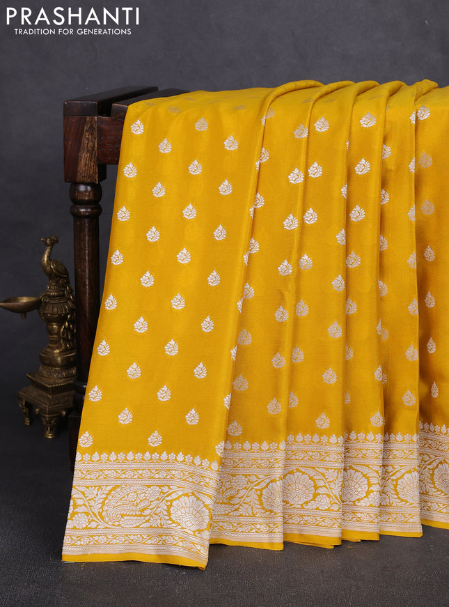 Banarasi crepe saree yellow with allover thread & zari woven buttas and woven border