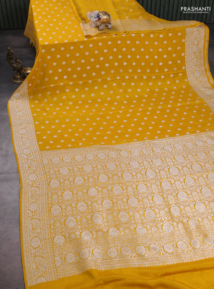 Banarasi crepe saree yellow with allover thread & zari woven buttas and woven border