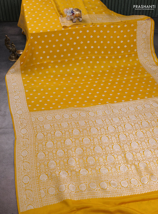 Banarasi crepe saree yellow with allover thread & zari woven buttas and woven border