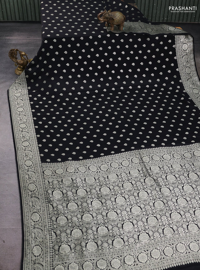 Banarasi crepe saree black with allover thread & zari woven buttas and woven border