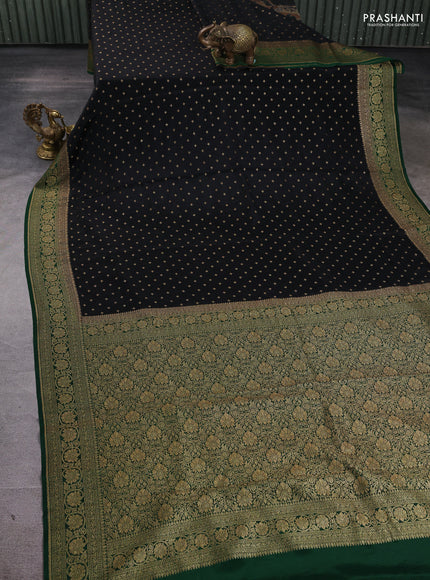 Banarasi crepe saree black and green with allover thread & zari woven buttas and woven border
