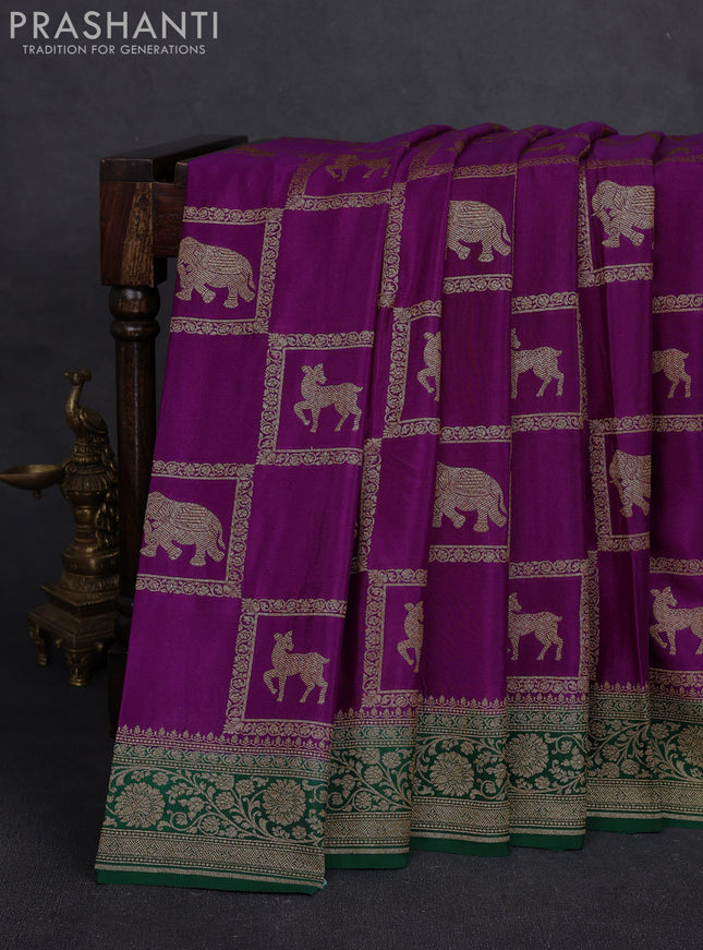 Banarasi crepe saree purple and green with allover box style thread & zari woven buttas and woven border