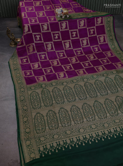 Banarasi crepe saree purple and green with allover box style thread & zari woven buttas and woven border