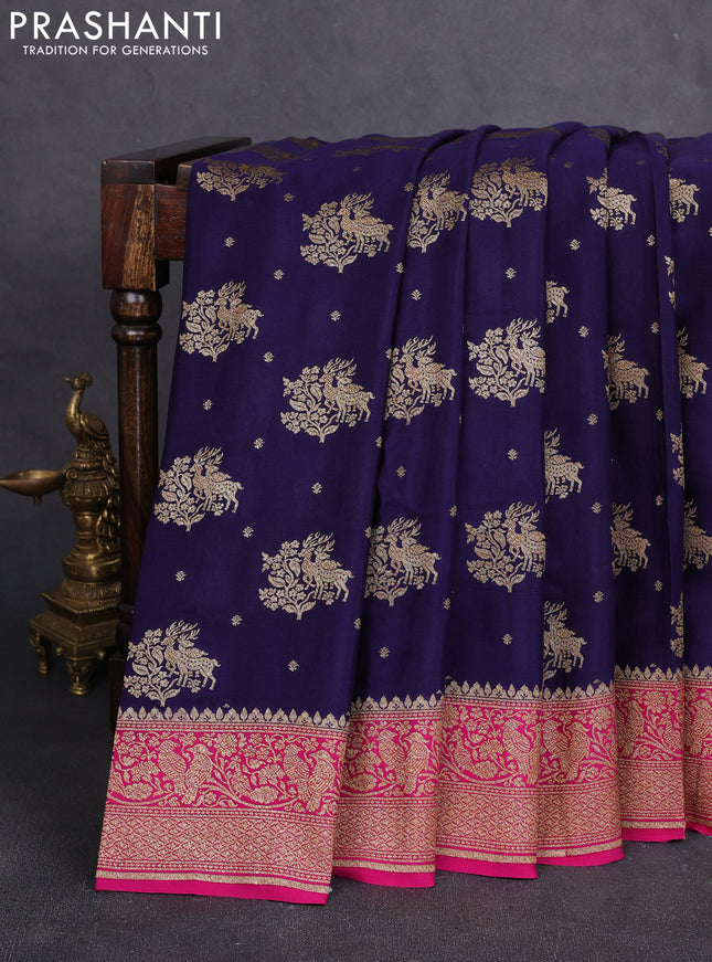 Banarasi crepe saree navy blue and pink with allover thread & zari woven buttas and woven border
