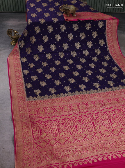 Banarasi crepe saree navy blue and pink with allover thread & zari woven buttas and woven border