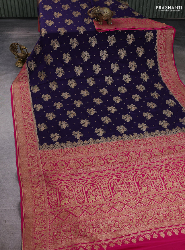 Banarasi crepe saree navy blue and pink with allover thread & zari woven buttas and woven border