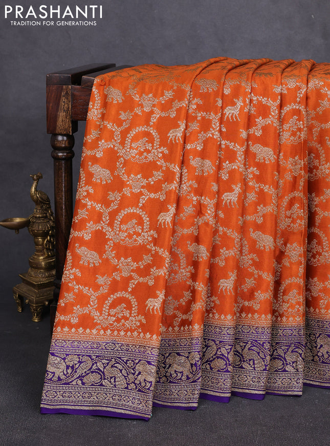 Banarasi crepe saree orange and violet with allover thread & zari weaves and woven border