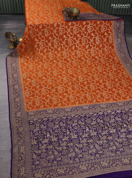 Banarasi crepe saree orange and violet with allover thread & zari weaves and woven border
