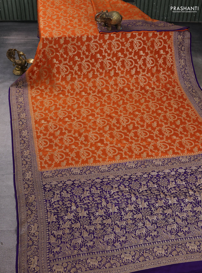 Banarasi crepe saree orange and violet with allover thread & zari weaves and woven border