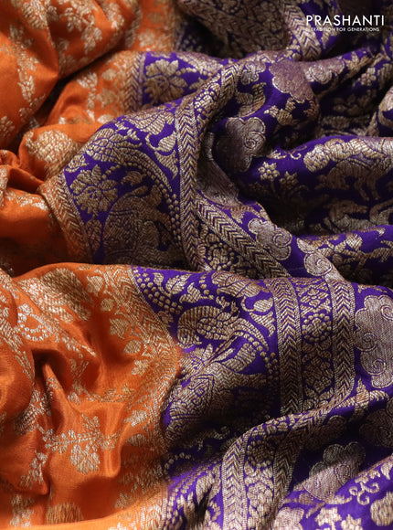 Banarasi crepe saree orange and violet with allover thread & zari weaves and woven border