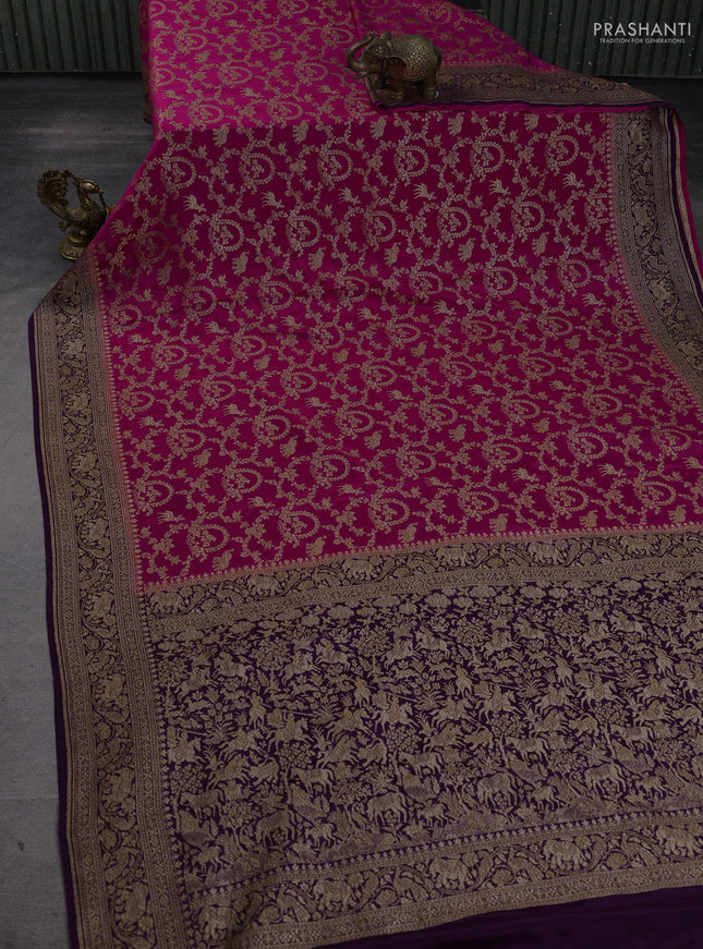 Banarasi crepe saree pink and purple with allover thread & zari weaves and woven border