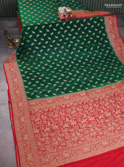 Banarasi crepe saree green and red with allover thread & zari woven buttas and woven border