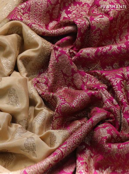 Banarasi crepe saree sandal and pink with allover thread & zari woven buttas and woven border