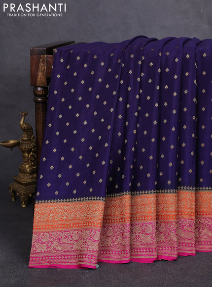 Banarasi crepe saree navy blue and orange & pink with allover thread & zari woven buttas and long woven border