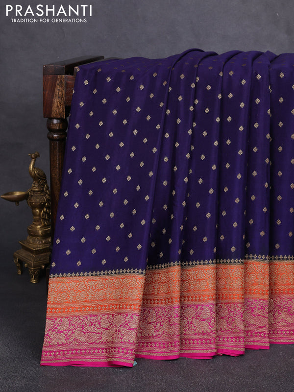 Banarasi crepe saree navy blue and orange & pink with allover thread & zari woven buttas and long woven border