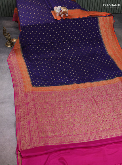 Banarasi crepe saree navy blue and orange & pink with allover thread & zari woven buttas and long woven border