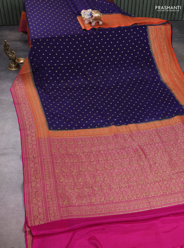 Banarasi crepe saree navy blue and orange & pink with allover thread & zari woven buttas and long woven border