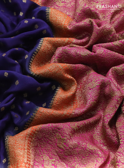 Banarasi crepe saree navy blue and orange & pink with allover thread & zari woven buttas and long woven border