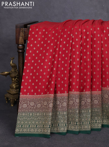 Banarasi crepe saree red and bottle green & deep maroon with allover thread & zari woven buttas and long woven border